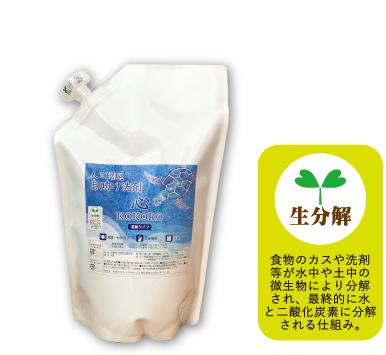生分解 食物のカスや洗剤等が水中や土中の微生物により分解され、最終的に水と二酸化炭素に分解される仕組み。